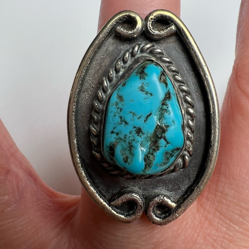 Large Oval Shadowbox Turquoise Sterling Silver 925 Ring, Size 7